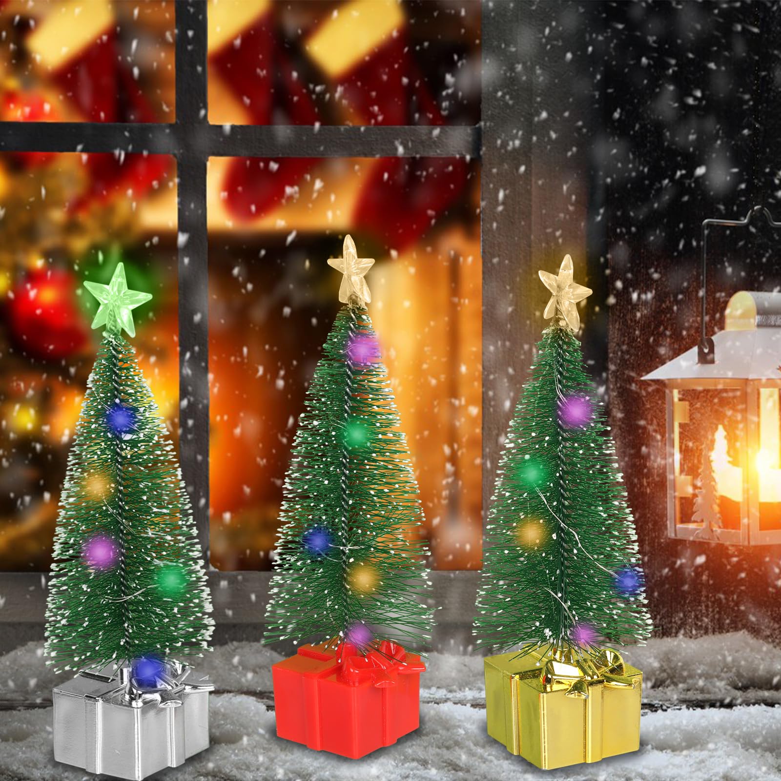 Creaher Green 3Pcs Mini Cedar Christmas Tree With Led Lights Table Top Artificial Christmas Trees Decoration, Miniature Christmas Trees Xmas Artificial Table Tree With Lights For Home Office Desktop Christmas Tree