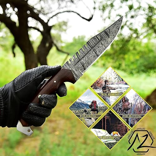 Miniatura 3 de ZE-HK-55 Cuchillo de caza de Damasco hecho a mano con funda de cuero para desollar al aire libre Camping Cuchillo Bowie de hoja fija con vaina,