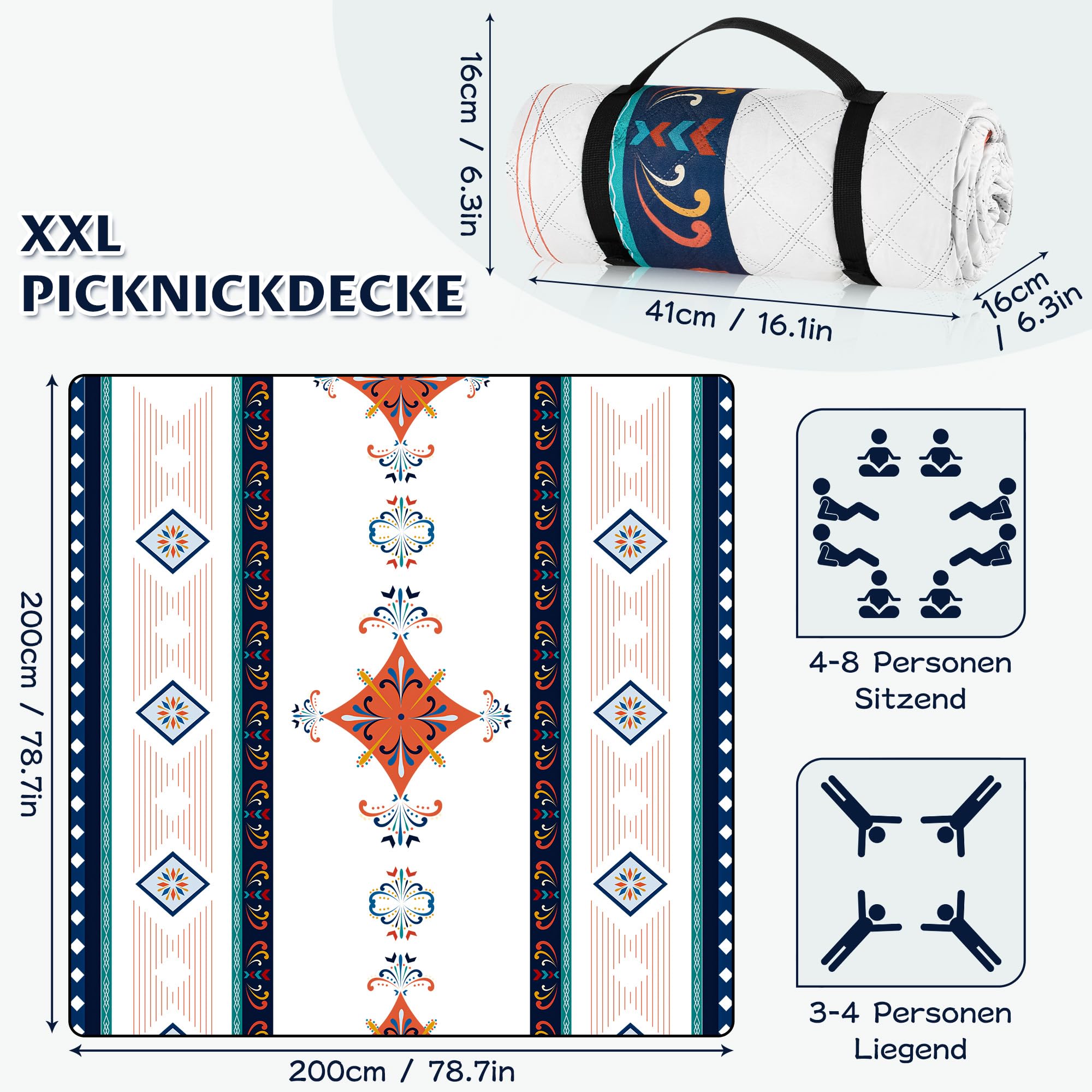Coperta Picnic Impermeabile 200x200cm Pieghevole con Manico Blu