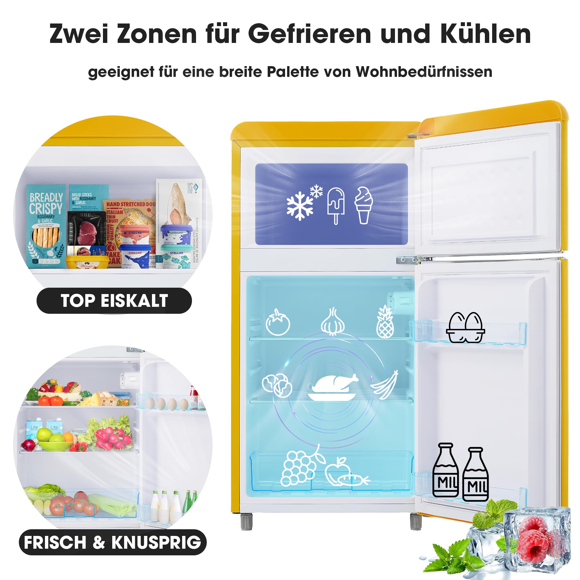 Lodówka retro 72 l, podwójne drzwi z zamrażarką 21 l, klasa efektywności energetycznej E (120 kWh/rok), cicha, regulowane półki i nóżki, oświetlenie LED, wielokolorowa do kuchni/mieszkania