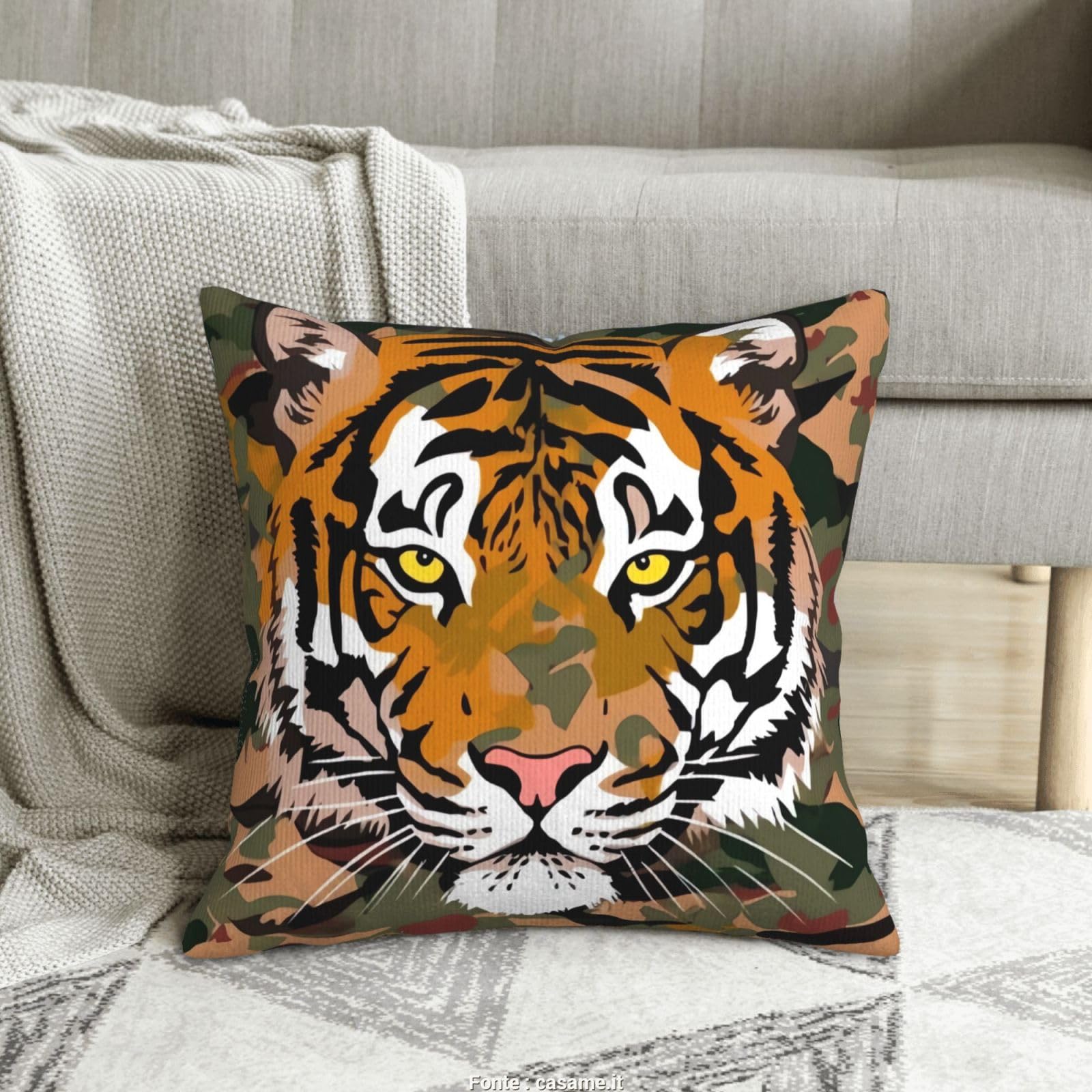 Housse coussin velours côtelé 45x45 taie oreiller tigre déco salon canapé lit