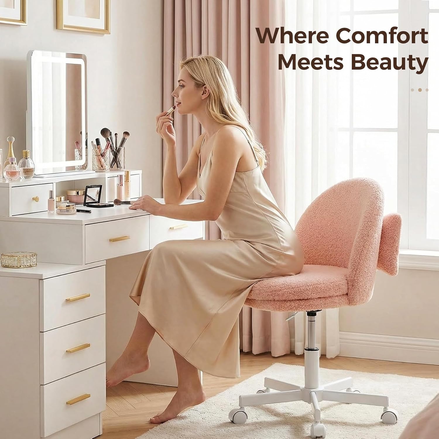 GTPOFFICE Vanity Chair with Back, Adjustable Tall Office Chair High Swivel Bar Stools Fluffy Cute Desk Chair Comfy with Wheels Bow Pillow Armlees for Adults Standing Desk Bar, Teddy Velvet, Pink