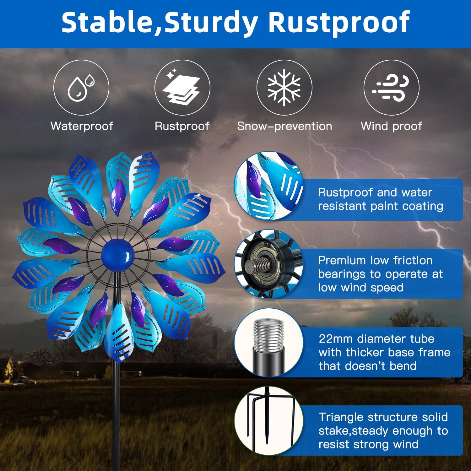 Blue 3D&Double-Side Wind Spinners, Outdoor Wind Spinners for Yard and Garden Metal Large