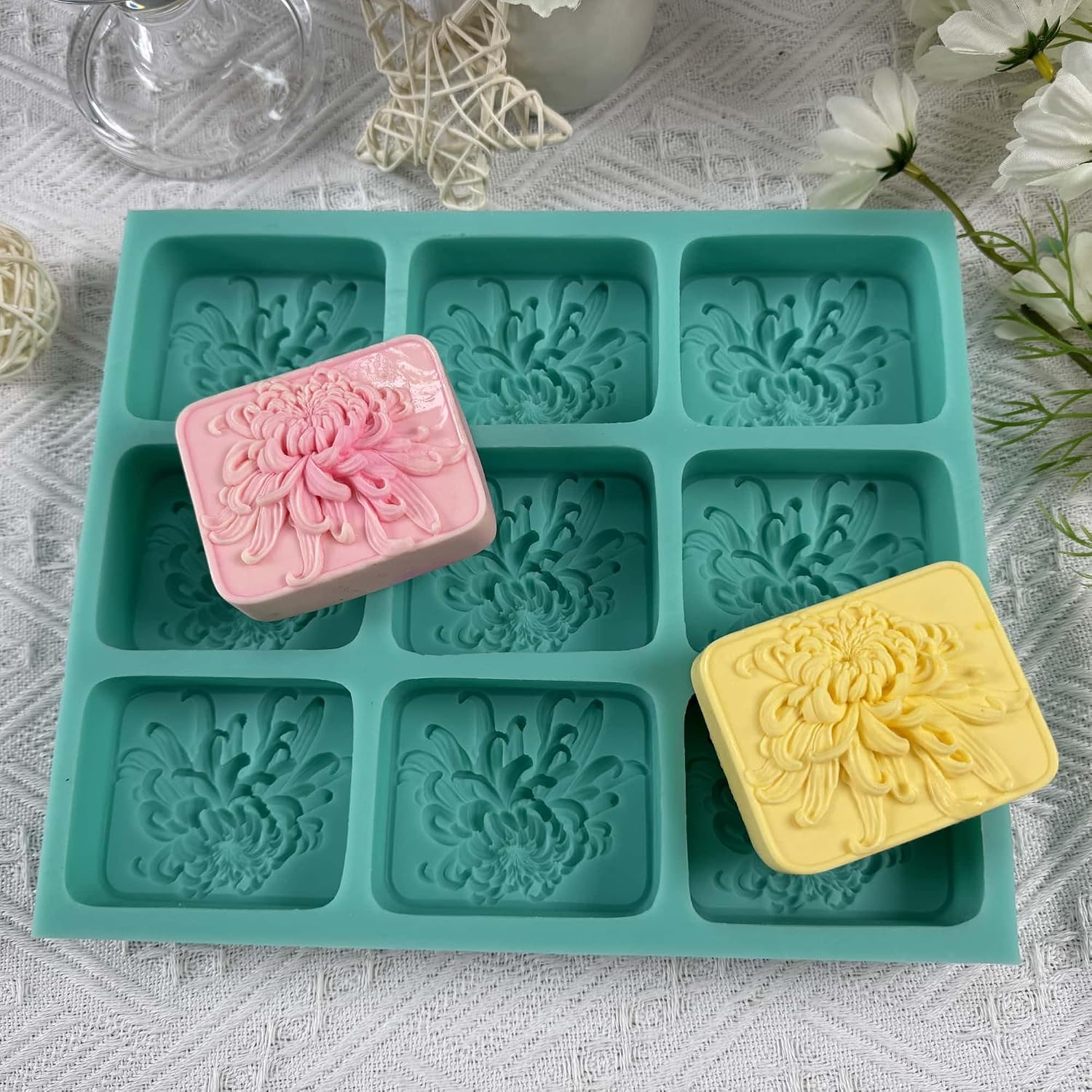 9 Cavities Chrysanthemum Flower Silicone Mold Tray for Natural Soap Making,Flower Soap Molds Candle Wax Molds,Handmade Silicone Soap Mold Chocolate Cake Baking Tools (IB-9Chrysanthemum Soap Mold)