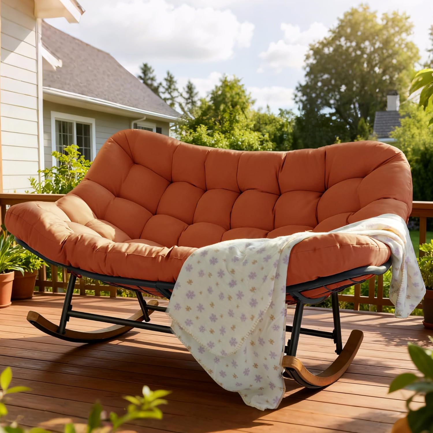Double Papasan Patio Rocking Chair,Double Oversized Papasan Rocking Chair with Thick Cushions,Perfect for Indoor, Patio, or Balcony Use, Modern Outdoor Loverseat for Two.RED