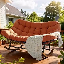 Double Papasan Patio Rocking Chair for Two, Oversized Outdoor Loveseat with Thick Removable Cushion, Modern 60" Wide Metal Frame for Indoor, Balcony, Garden.RED