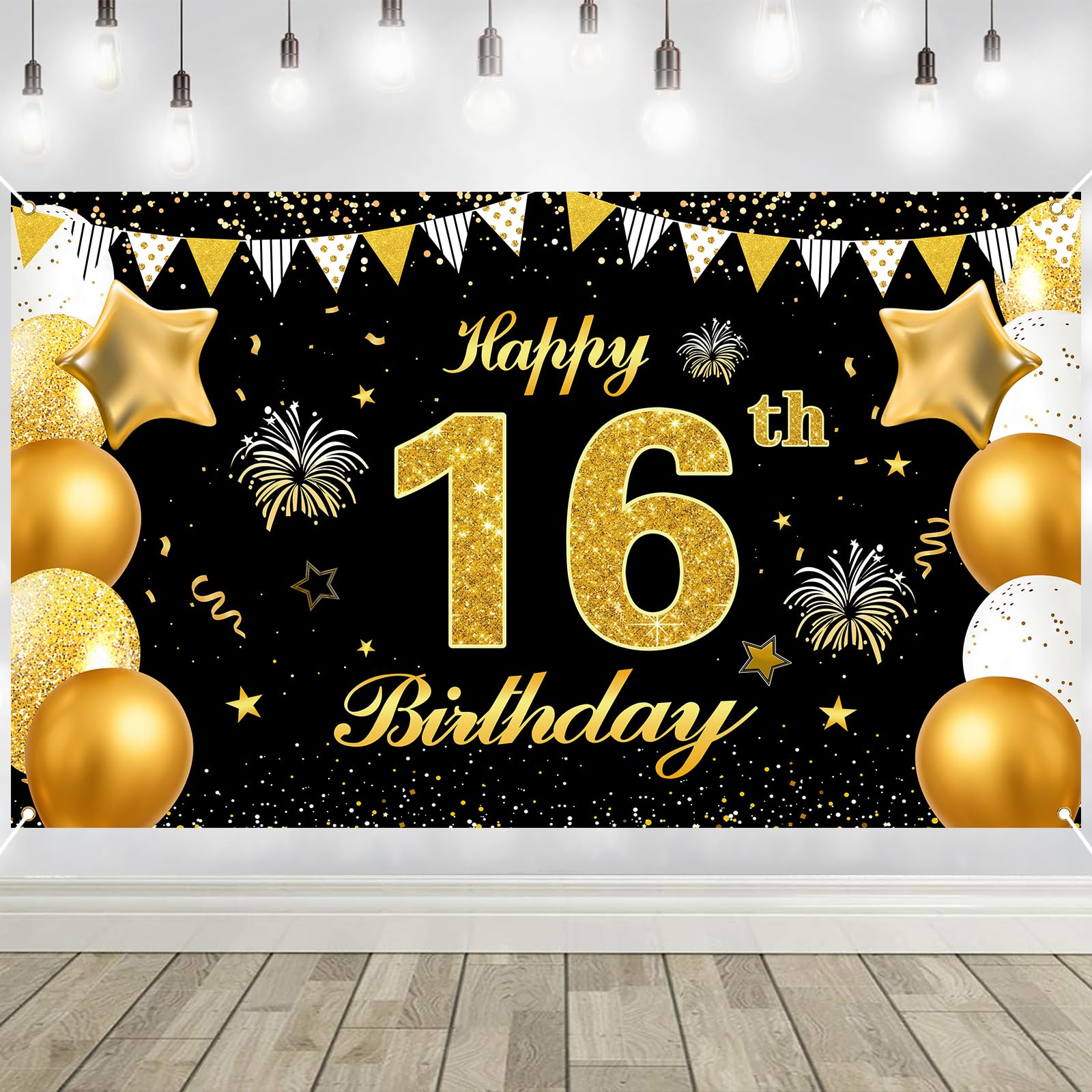 16th Birthday Decorations Banner Gold Black Happy Birthday Door Banner for Party Photo Backdrop for Men Women Home Outdoor Cover Party Decoration Supplies Poster