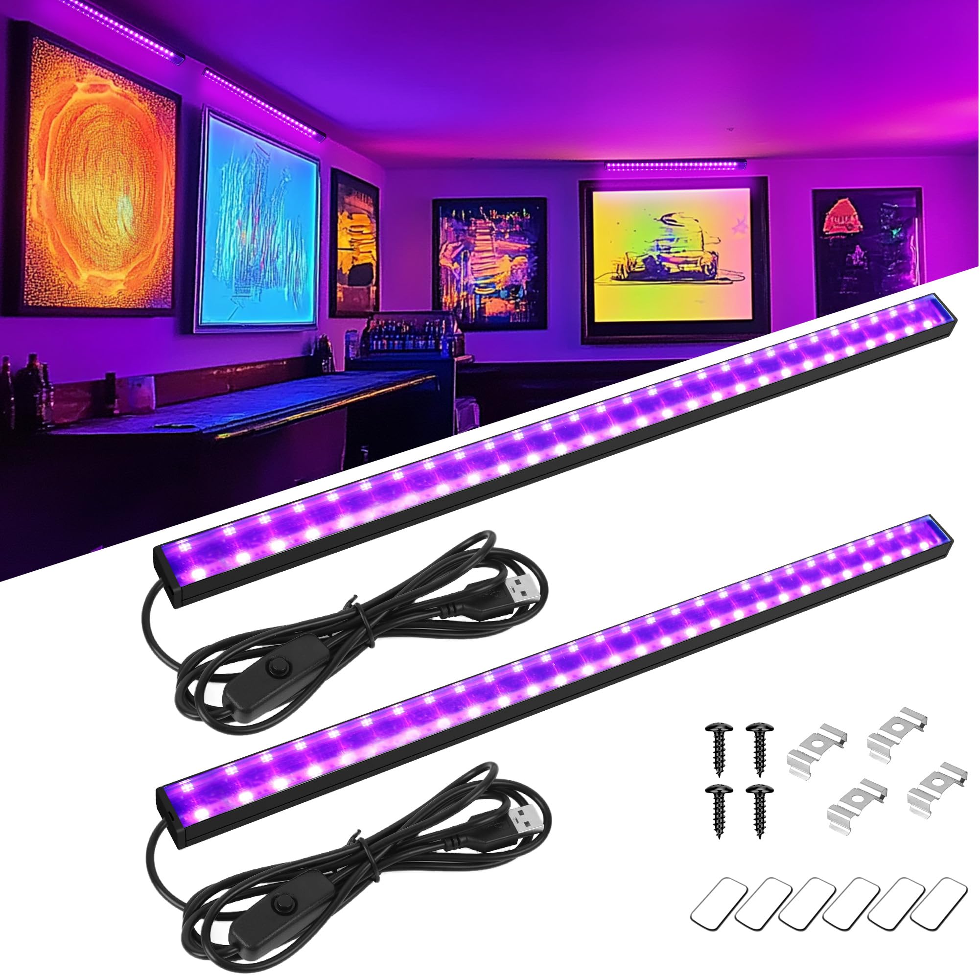 LED Black Light Bar, 10W 1ft USB UV Blacklight Strip Lights(Aluminum), Portable Small Black Light Strip for Body Paint, Stage Fluorescent, Tapestry, Poster, Bedroom, Neon Party, Halloween Decor, 2Pack