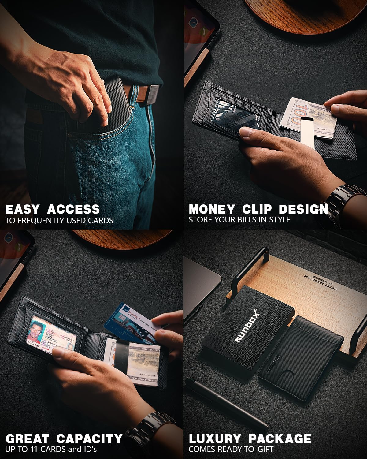 RUNBOX Slim Wallets for Men - Leather Money Clip Mens Wallet - RFID Blocking Front Pocket Bifold Wallet - Thin Credit Card Holder with Gift Box