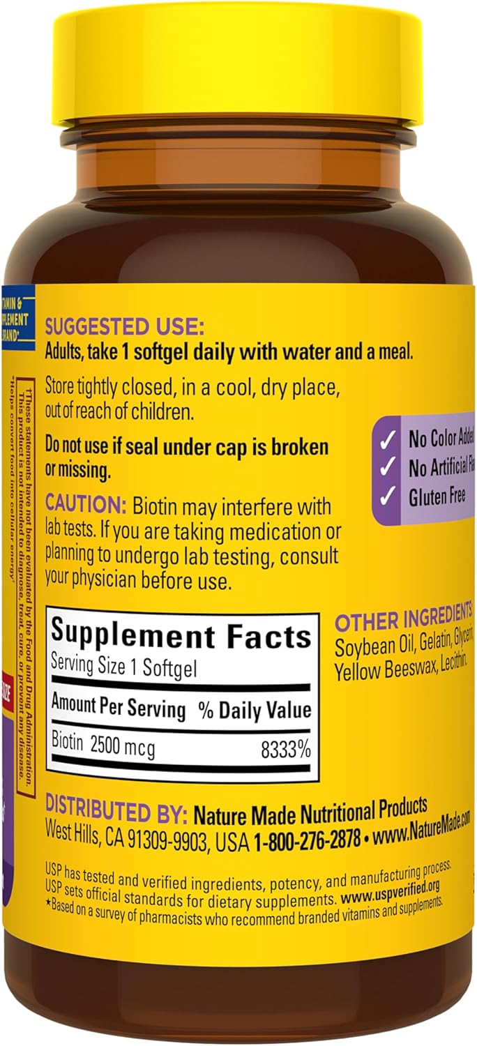 Nature Made Extra Strength Biotin 2500 mcg, Dietary Supplement For Healthy Hair, Skin & Nail Support, 150 Softgels, 150 Day Supply - Image 7