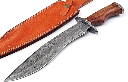 Chesapeake Knives Custom Handmade Damascus Steel hunting bowie knife with leather sheath
