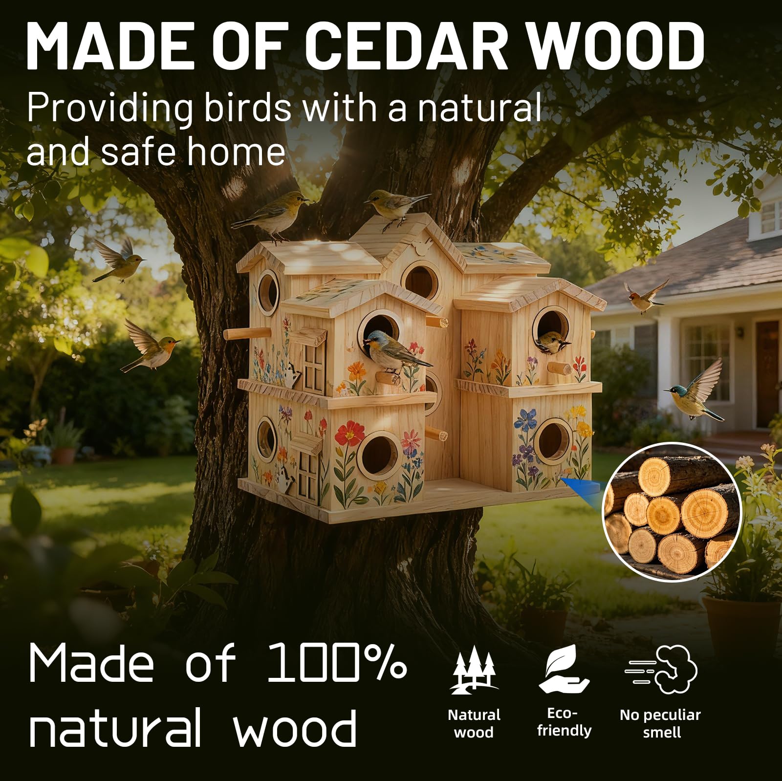 Nichoir à oiseaux en bois à plusieurs compartiments, 10 niches, pin naturel brut