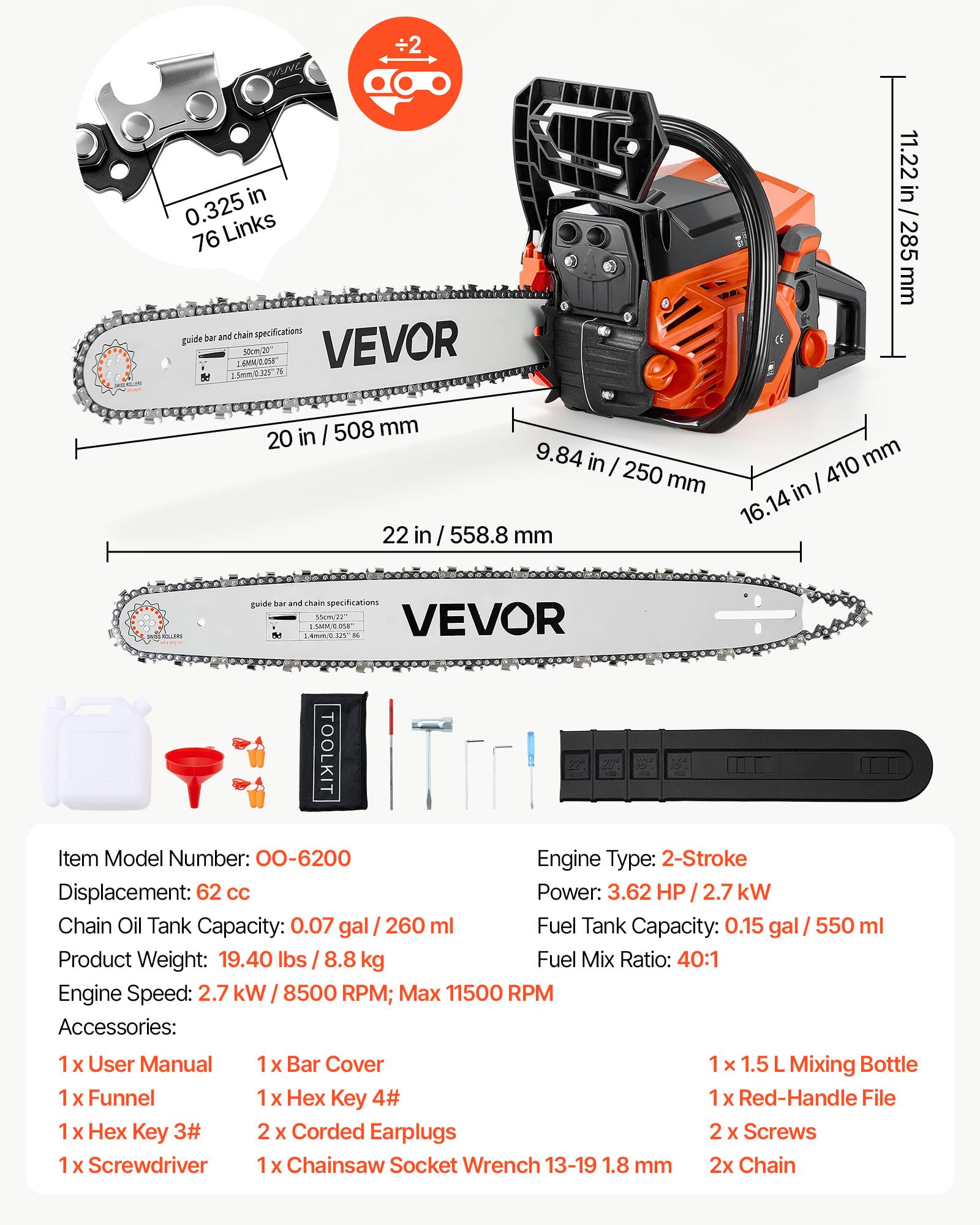 VEVOR Troncatrice a Benzina da 508 e 558,8 mm 62 cc 2,7 kW Motore a 2 Tempi