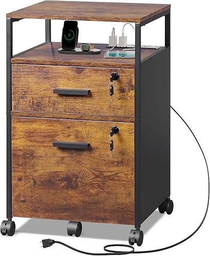 DEVAISE Archivador de 2 cajones con cerradura y estación de carga, archivador de madera para tamaño A4 o carta, soporte de impresora móvil con