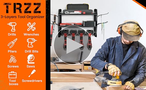 TRZZ Power Tool Organizer Wall Mount, 3-Layer Drill Holder With 2 Side Pegboards Cordless Drill Rack 4 Hooks Efficient Storage Workshop Garage Tool Room Bl