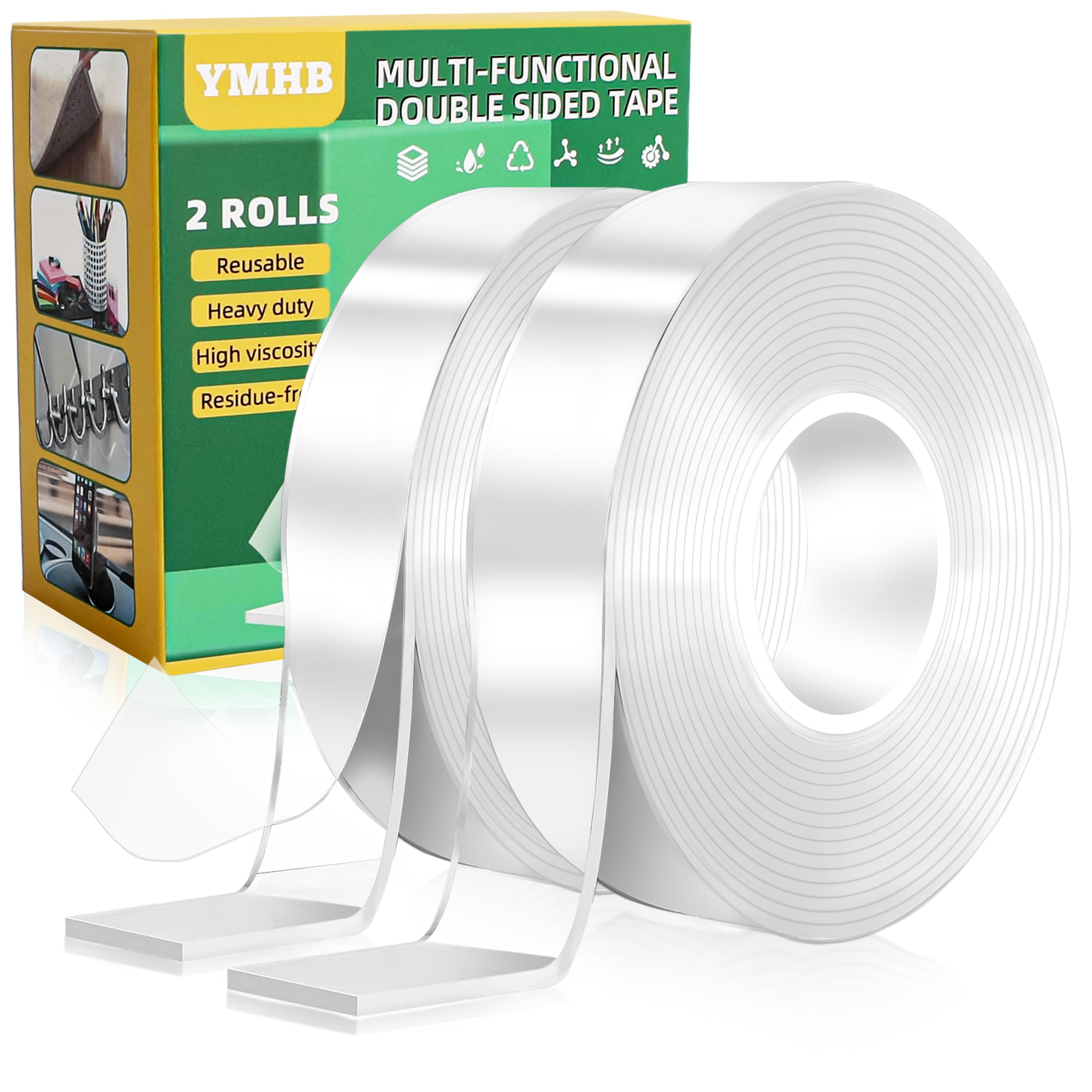 YMHB Double Sided Tape Heavy Duty, Nano Tape Double Sided Mounting Tape(2 Rolls, Total 19.6FT), Removable Transparent Adhesive Tape, Clear Two Sided Poster Wall Tape Strips for Home Office