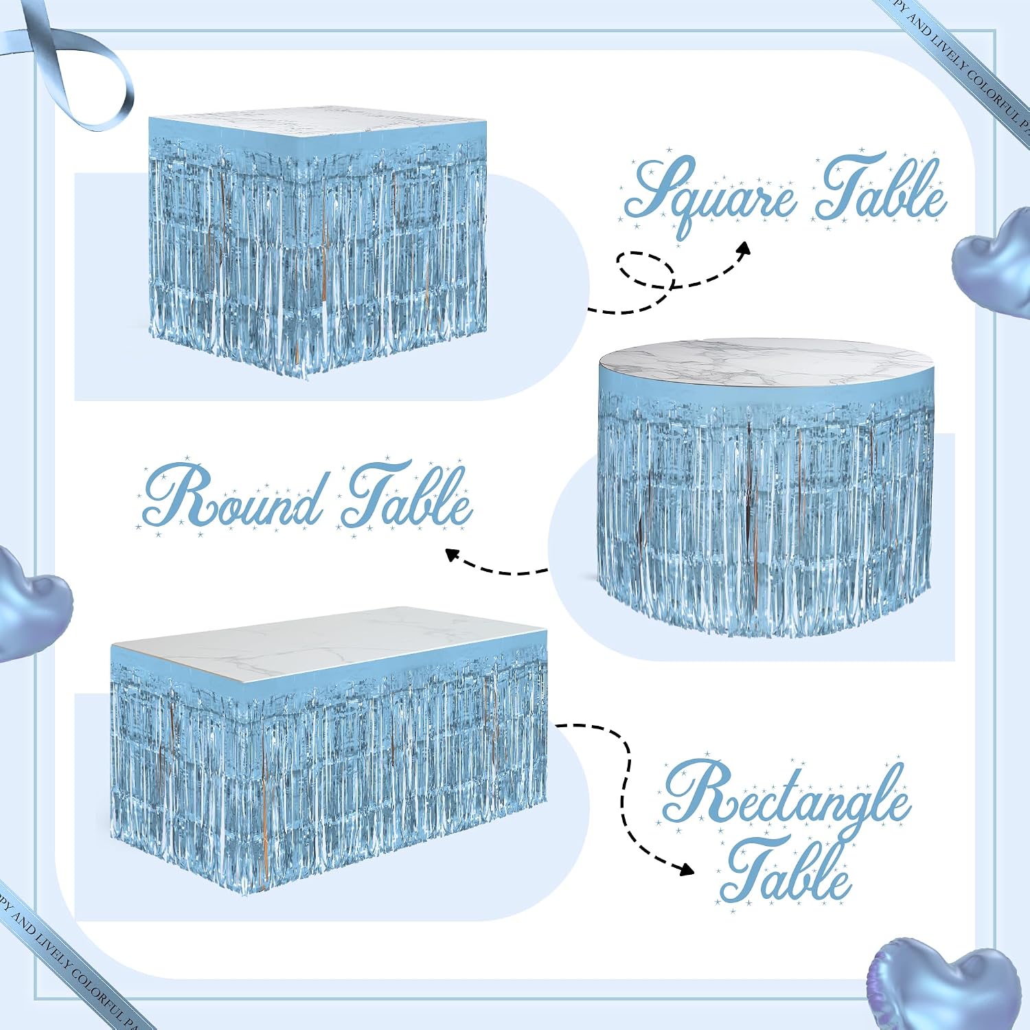 2 Pack Light Blue Table Skirts, 29x108" Metallic Foil Tinsel Fringe Table Skirts for Rectangle Tables Streamer Curtains Backdrop, Party Decorations for Birthdays Weddings Holidays