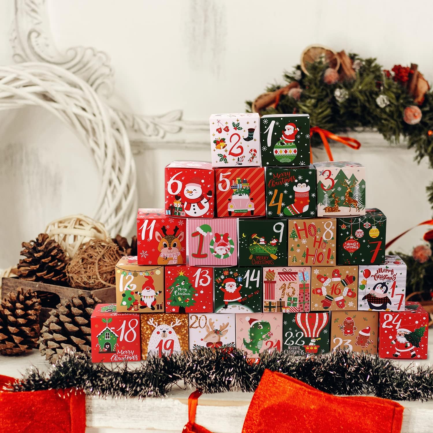 DIY Christmas 24 Days Countdown Advent Calendar 2025, 24pcs Christmas Cardboard Treasure Boxes Make & Fill Your Own Advent Calendar Gift Box for Xmas Party, Holiday Present Decoration