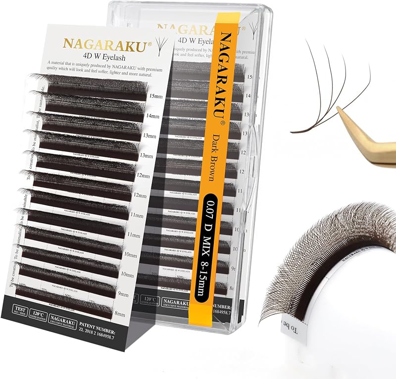 NAGARAKU 4D W Ciglia Finte Ventaglio Automatico Prefabbricate Tessitura Russa Volume Sottile Base Naturale Risparmio Di Tempo Dense E Soffici Per Artisti Professionisti Marrón Oscuro (0.07mm D 8-15mm)