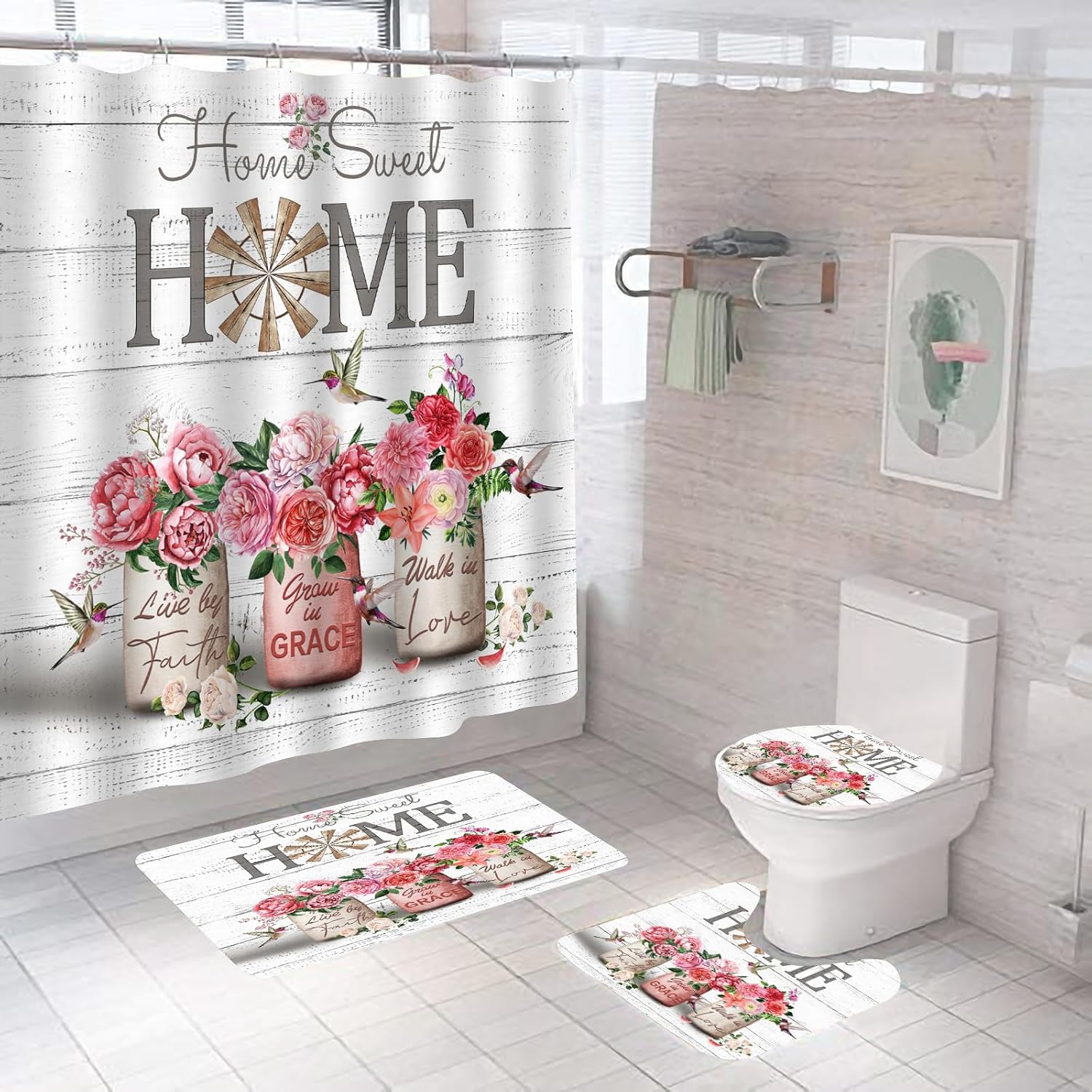 ALEXEX 4 PCS Red Rose Peony Shower Curtain Sets,Home Sweet Bathroom Set with Shower Curtain and Rugs and Accessories,Farmhouse Country Shower Curtain Bathroom Decor with 12 Hooks,72 X 72 Inches
