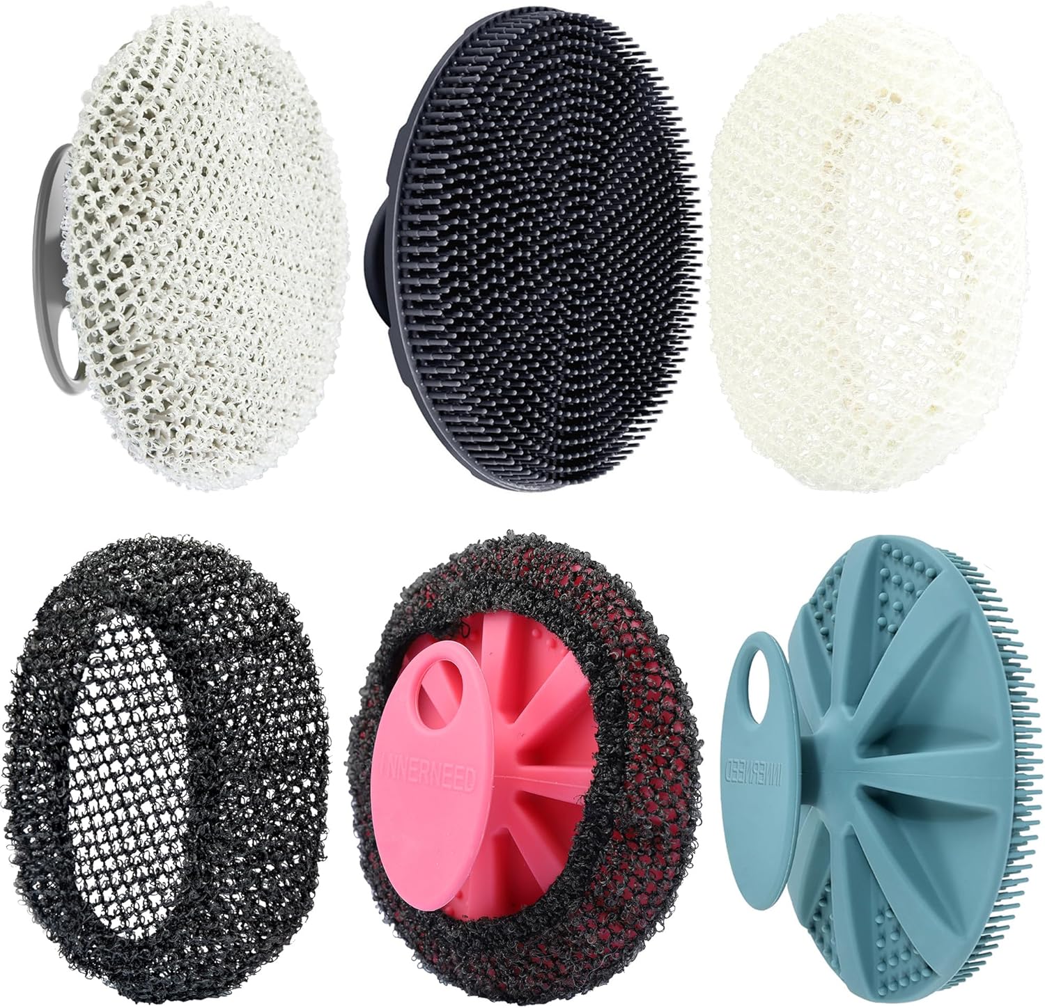 INNERNEED Food-Grade Soft Silicone Body Scrubber Shower Brush Handheld Cleansing Skin Brush, with Exfoliating Net Sponge Case (Pack of 4)
