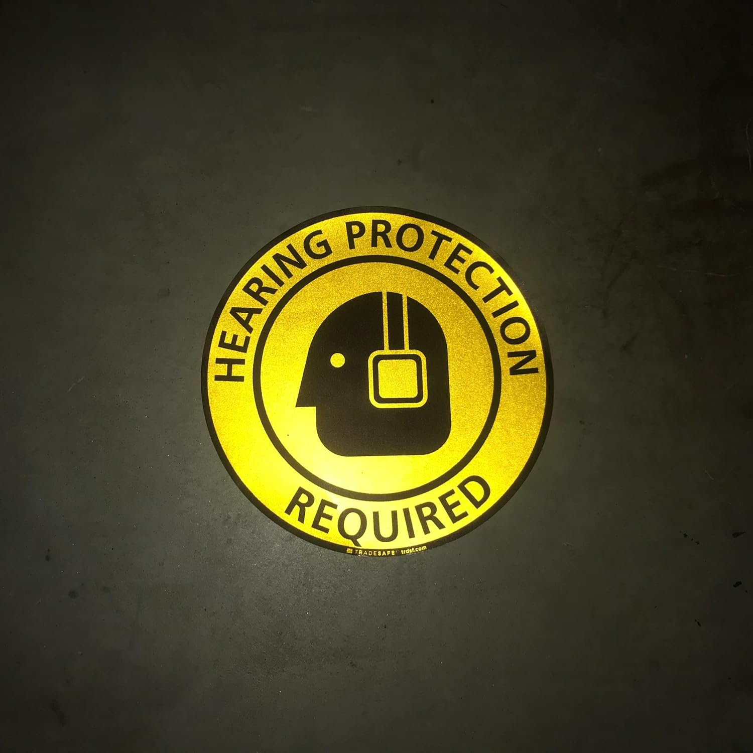 TRADESAFE Hearing Protection Required Anti-Slip Floor Sticker - Ear Protection Caution Sign, Peel and Stick Adhesive Vinyl Sign, ANSI-Compliant, 17” Diameter Round Sticker