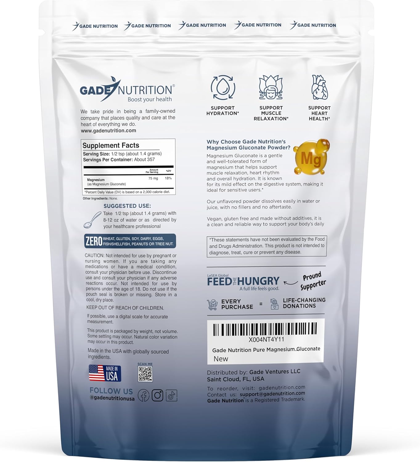 Gade Nutrition Pure Magnesium Gluconate Powder | 500g, 1.4g per Serving, 357 Servings | Non-GMO, Gluten-Free, Filler Free, Highly Absorbable | USA Made