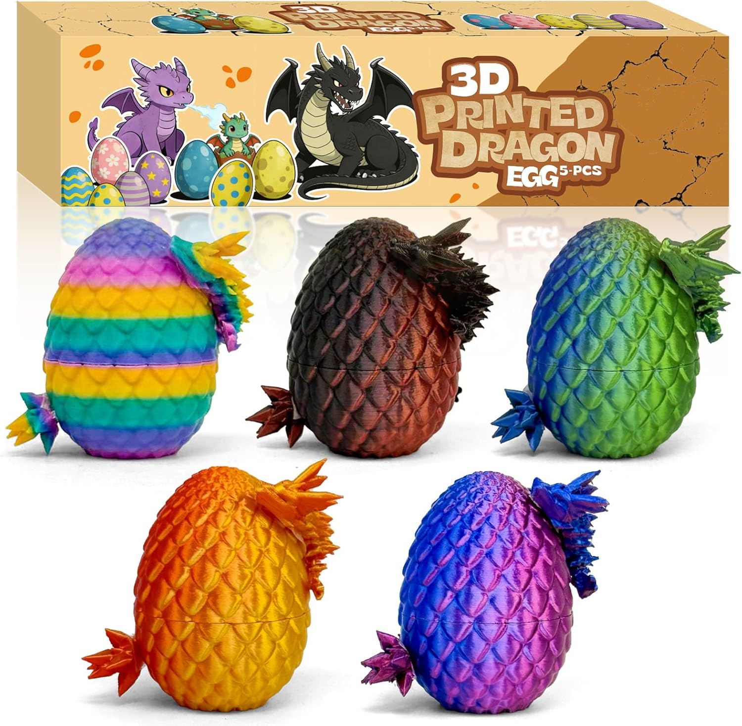 3D Printed Dragon Eggs, 5 Pack – Articulated Crystal Dragon Inside, Fidget Toy Easter Eggs for Kids Teens, Party Favors Easter Basket Stuffers (Multicolor1)