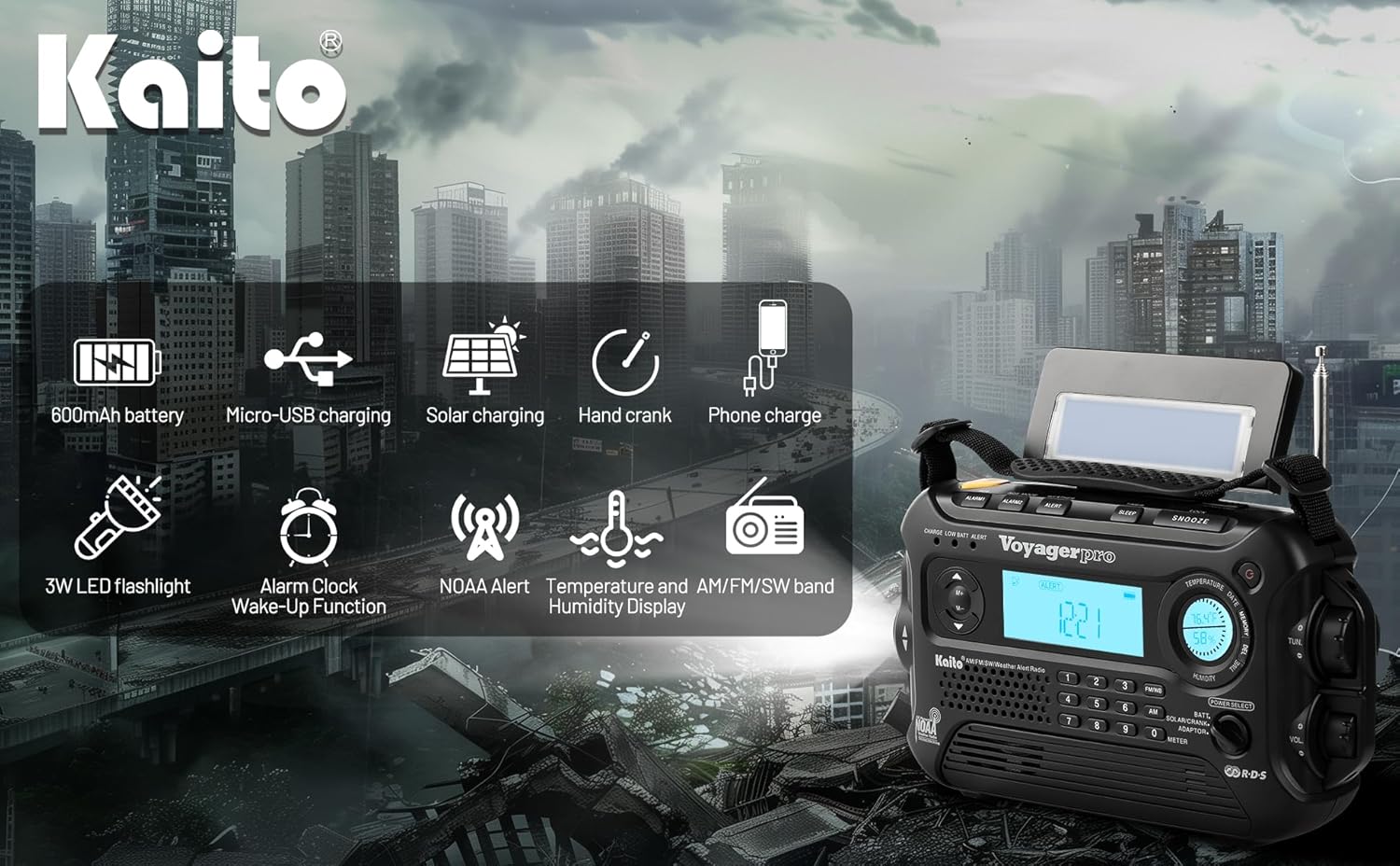 KA600 Black Solar/Crank AM/FM/SW NOAA Weather Radio, Bonus AC Adapter/Charger, 5-LED Reading lamp, 3-LED Flashlight, Thermometer & Humidity Meter (Kaito)