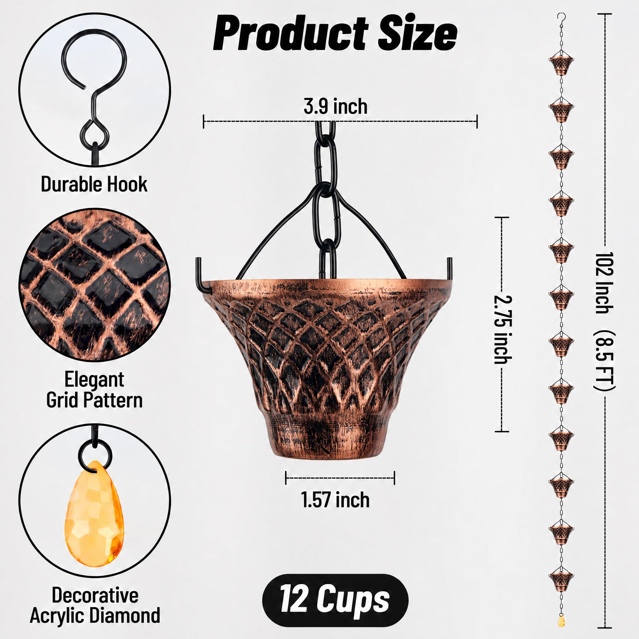 Chaînes de Pluie en cuivre pour gouttières de Descente d'eau de Pluie - Décoration de Jardin - Décoration d'intérieur - 2,5 m de Long