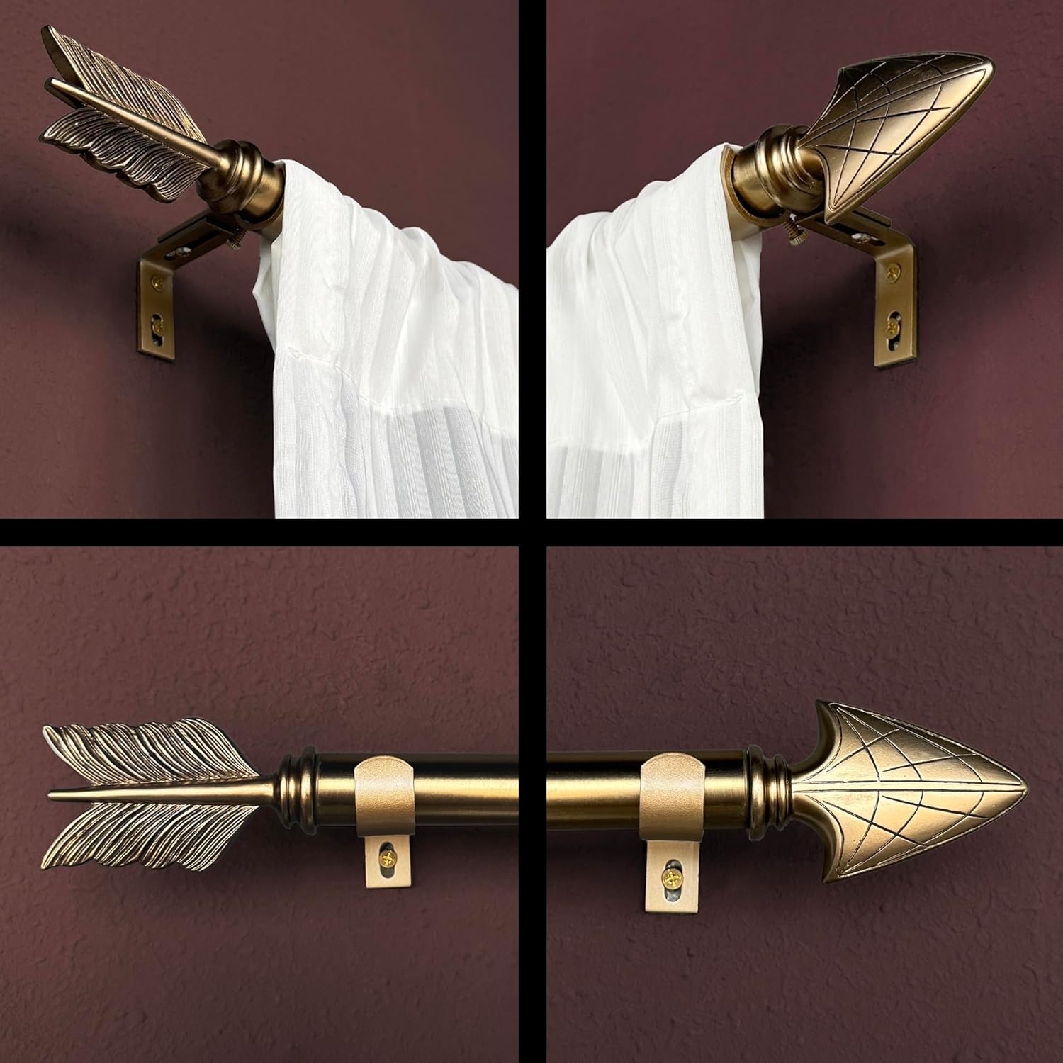 1 Inch Single Curtain Rods 36 to 72 Inches Adjustable Drapery Rods for Window width 24 to 68 Inches, Vintage Arrow Finials, Warm Gold