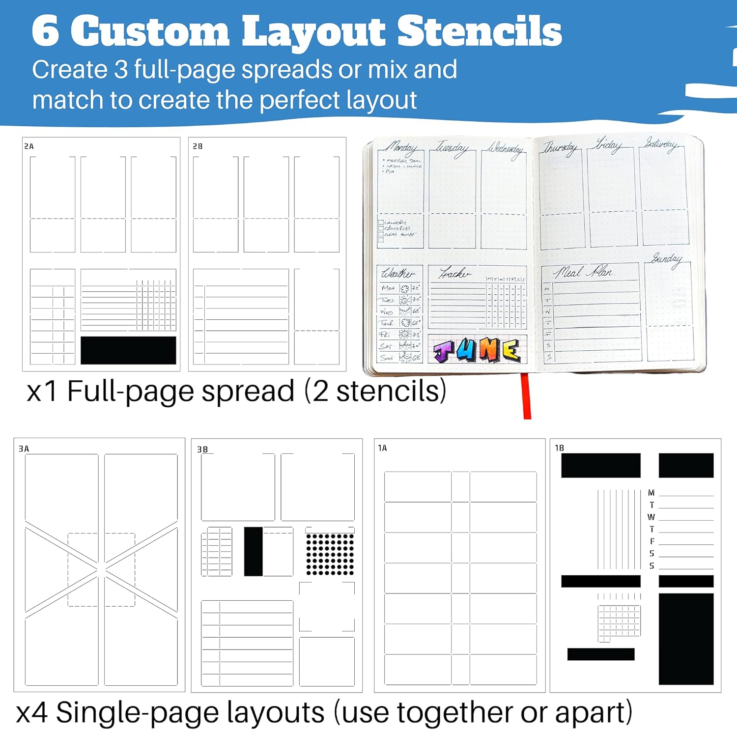 Speedy Spreads Weekly Layout Journal Stencils & Planner Sticker Kit - 48 Sticker Sheets & 6 Stencils for A5 Bullet Dot Grid Journal Notebooks, Journaling Supplies Kit with DIY Calendar Templates