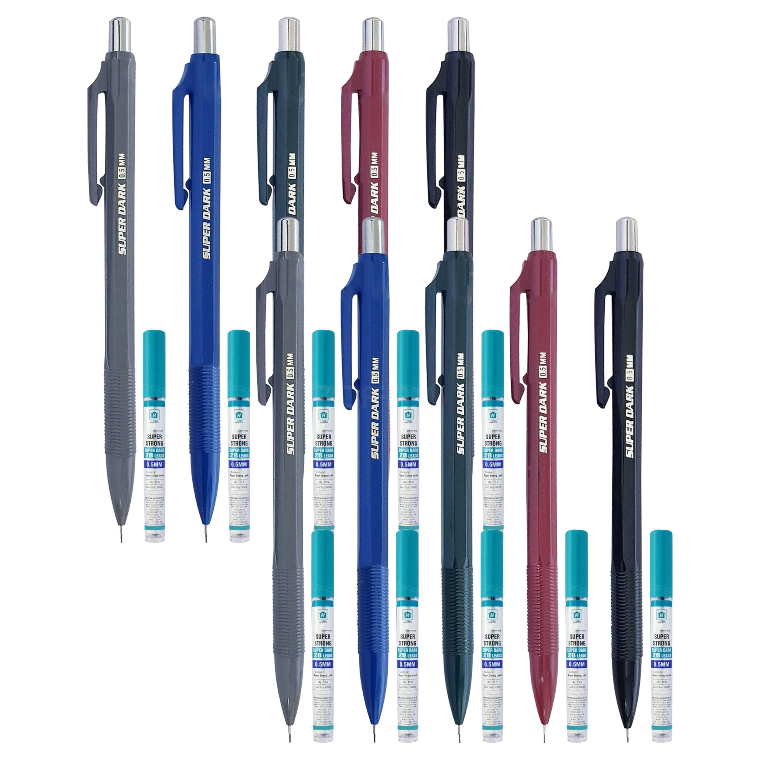 ZOFAX S-Dark 2B Mechanical Pencils, 0.5mm Lead Size, Pack of 10, Rubber Tipped, 2B Grade 100 Lead Refills, Write Draw Sketch, Ideal For School Office Home Use, iZOFAX Black Ball Pen