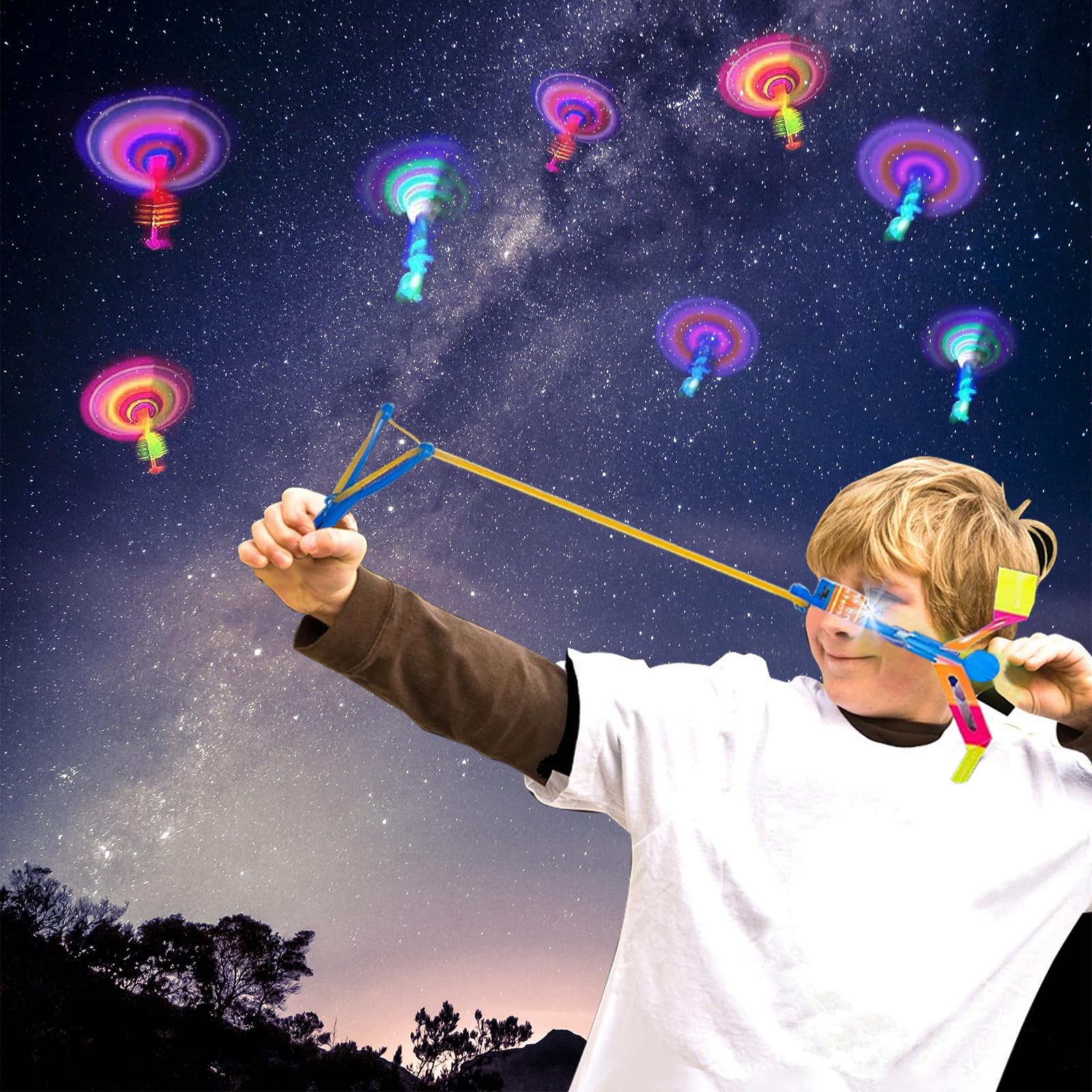 MOYKSRR Jouets LED Lumineux Helicoptere, 15 Pièces Jouet Lumineux Volante, Catapulte Volant Jouet, Jouets Lumineuxs, Fusées Flèches Powered Catapulte Volant pour Enfants