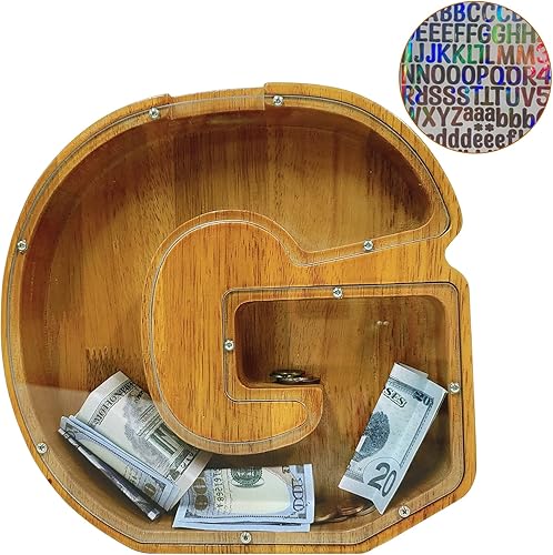 Miniatura 329 de Alcancía para niños y niñas, alcancía grande de madera personalizada con diseño recortado, bancos de monedas con letras del alfabeto, caja de ahorro