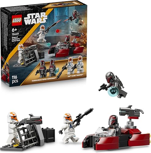 LEGO Star Wars 75449 Pack de Combat Le Siège de Mandalore - Jouet d'action avec Minifigurines de 2 Mandaloriens & 2 Clone Troopers - Speeder & Pistolets Blasters - Cadeau pour Garçon dès 6 Ans & Fans - 1