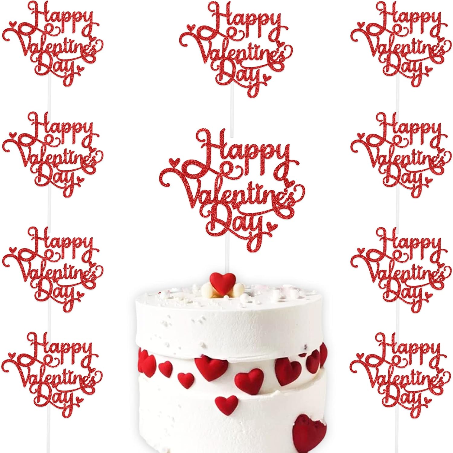 10pcs Happy Valentines Day Cake Topper Red Glitter Cake