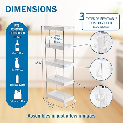Miniatura 2 de Organizador delgado de almacenamiento de baño de 5 niveles con ruedas y niveles ajustables, para despensa, cocina y lavandería, estante para