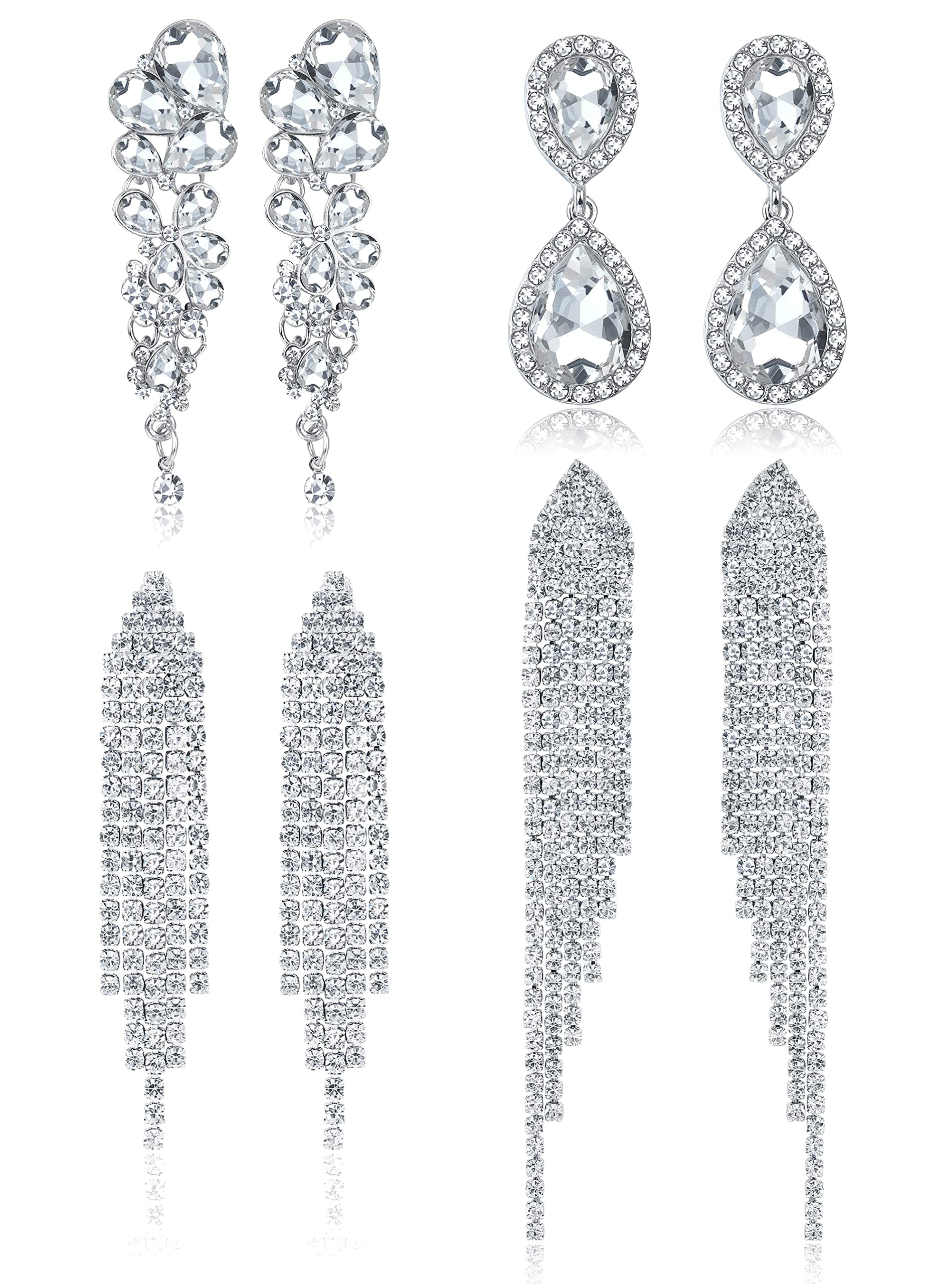 Diamday 4 pares de pendientes colgantes con clip para mujer, con diamantes de imitación, con flecos, alas de ángel, brillantes, para novias, damas de honor, bodas, bailes, joyas, no perforados