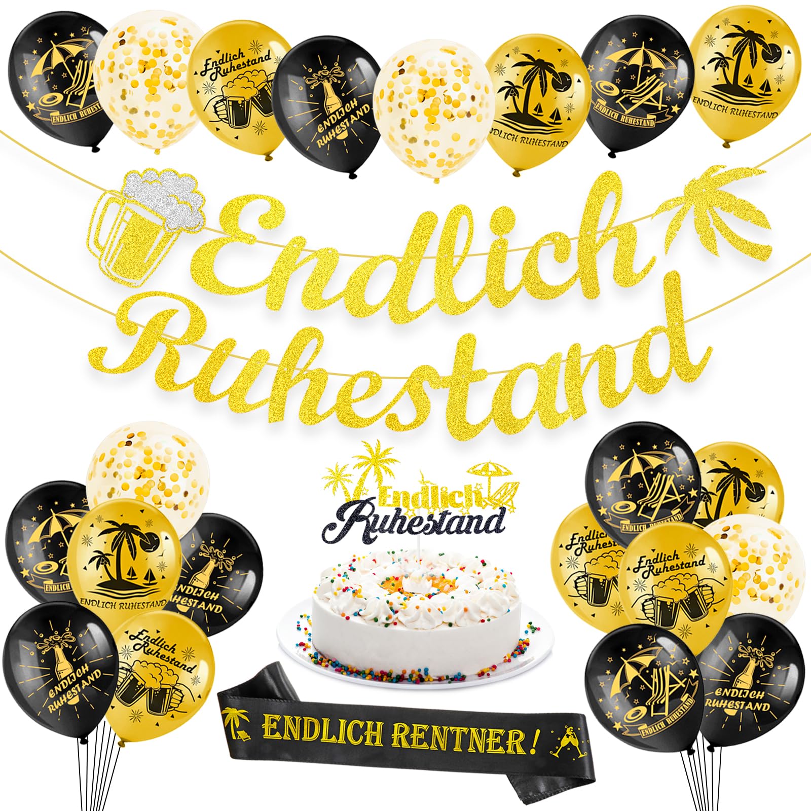 HOWAF Ruhestand Deko, Ruhestand Girlande und Luftballons Ruhestand Cake Topper, Schärpe Endlich Rentner, Rente Deko Ruhestand Pensionierung Party Abschiedsfeier Deko Renteneintritt für Frau Männer Spielzeug