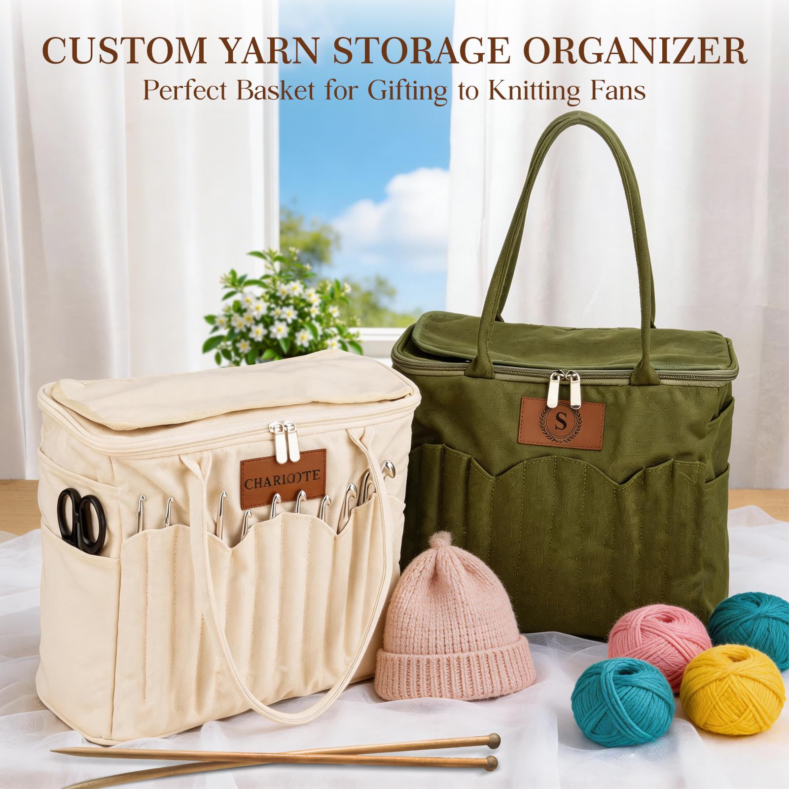 Personalisierte Häkeltasche Name, Stilvolle Garn Tasche Projekte, Leinwand Organizer Mehrere Taschen Löcher, Strick Geschenk Liebhaber Oma Mama