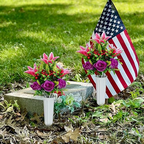Miniatura 7 de XONOR Flores artificiales de cementerio para tumba, juego de 2 flores artificiales conmemorativas con jarrón para cementerio al aire libre, lápidas,