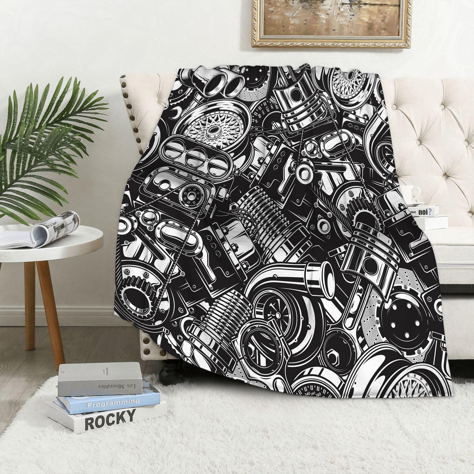 AOKLEY Throws for sofas Plush Flannel Blanket On It for Kids Girls,Turbo Pattern Automotive Auto Parts Monochrome technology that powers Print Fluffy Throw Blanket for Baby Toddler Crib Couch 50"x40"