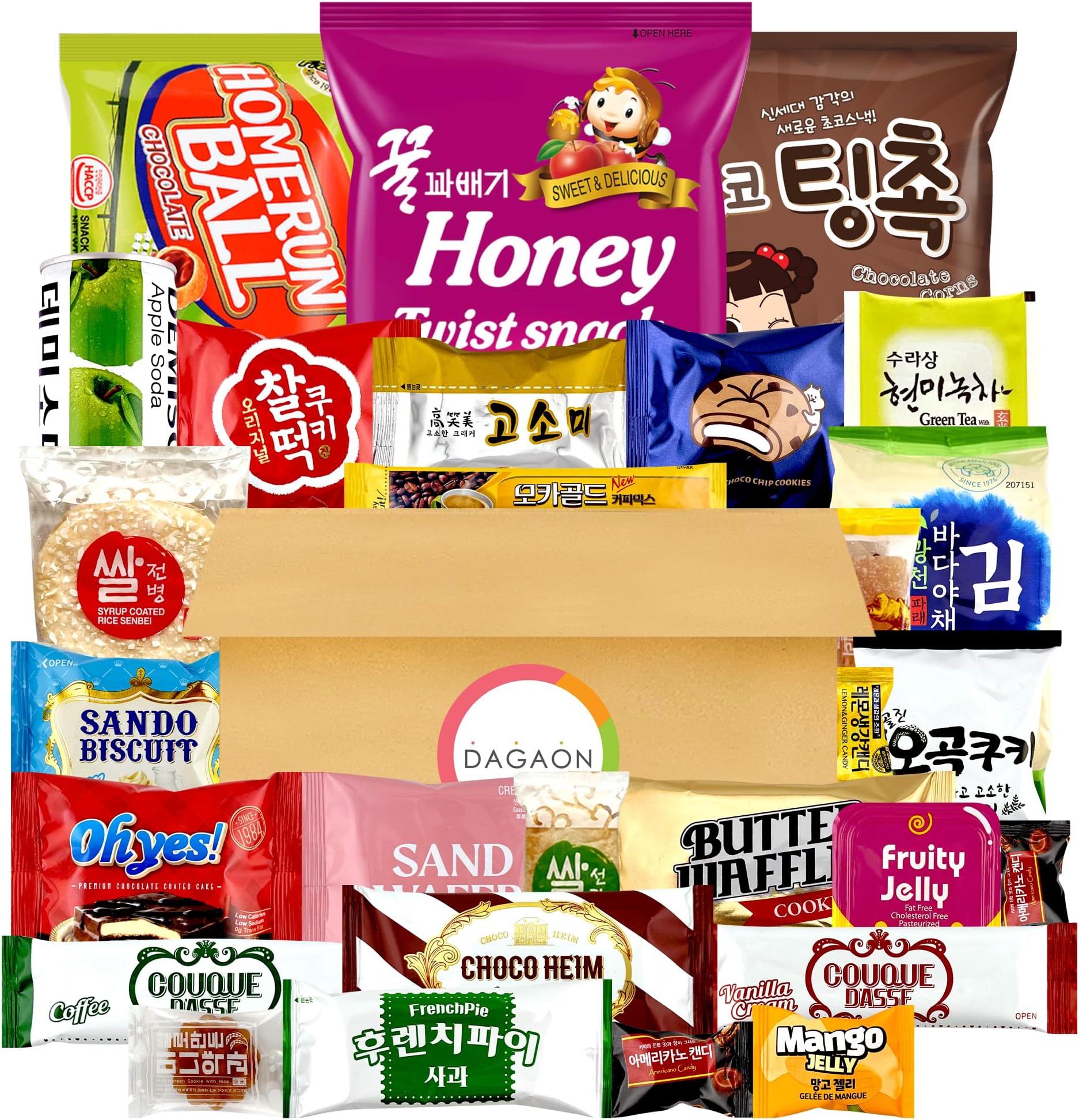 Dagaon Favorite Korean Snack Box 30 Count - Appetizing Gift and Care Package for any occasions and everyone. Variety of Korean Treats Including Top Picked Chips, Biscuits, Cookies, Pies, Candies.
