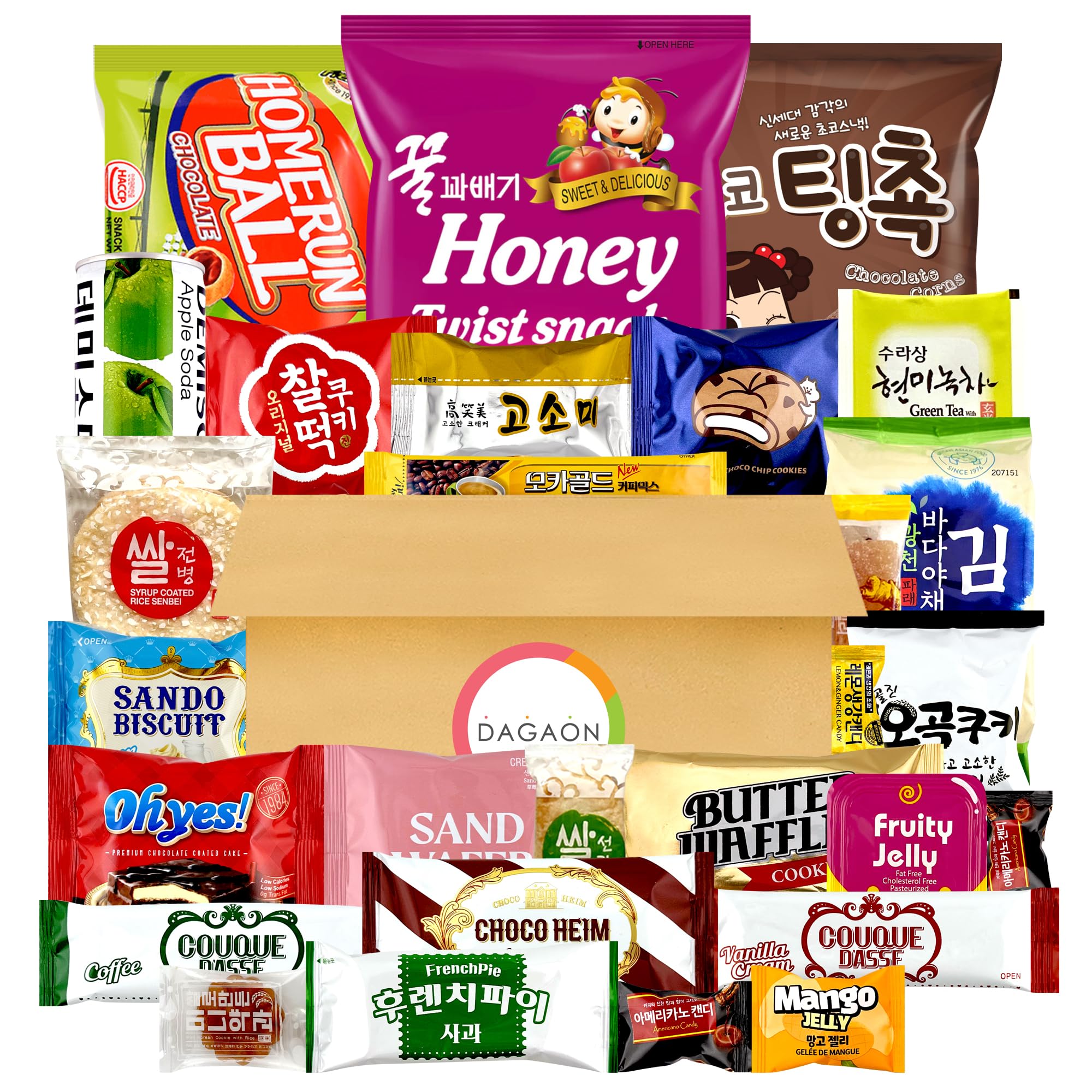 Dagaon Favorite Korean Snack Box 30 Count - Appetizing Gift and Care Package for any occasions and everyone. Variety of Korean Treats Including Top Picked Chips, Biscuits, Cookies, Pies, Candies.