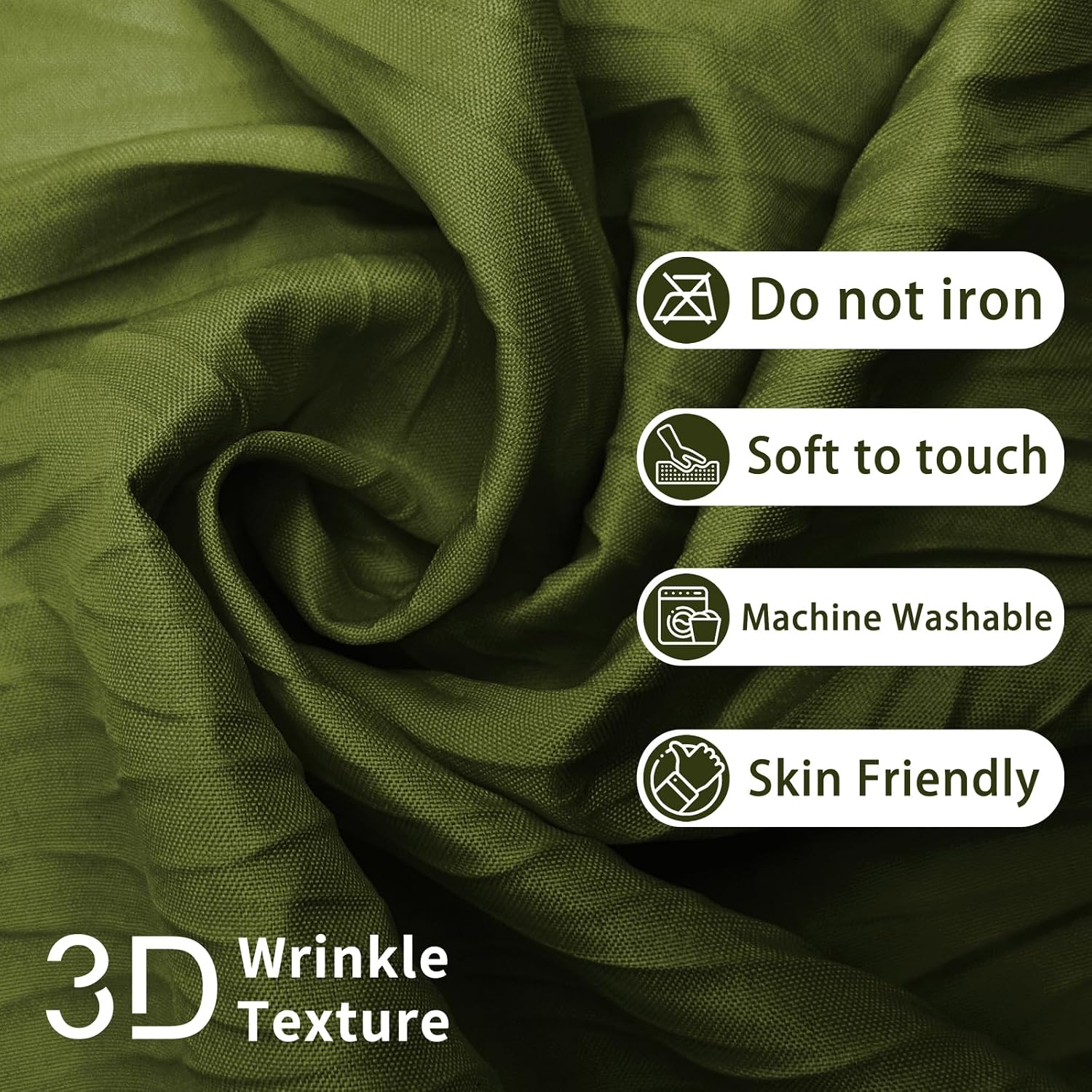 Tititex Olive Dark Green Crumpled Shower Curtain, Textured Heavy Duty 156GSM Fabric, Hotel Luxury Bathroom Decorative Waterproof Curtian 72x72 Inch with 12 Hooks