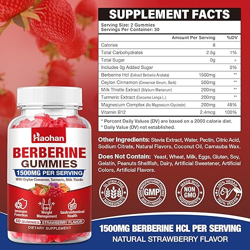 Miniatura 2 de Haohan Gomitas de berberina, 1500 mg de berberina de alta potencia, canela de Ceilán, cardo mariano, apoyo al sistema inmunológico y metabolismo,