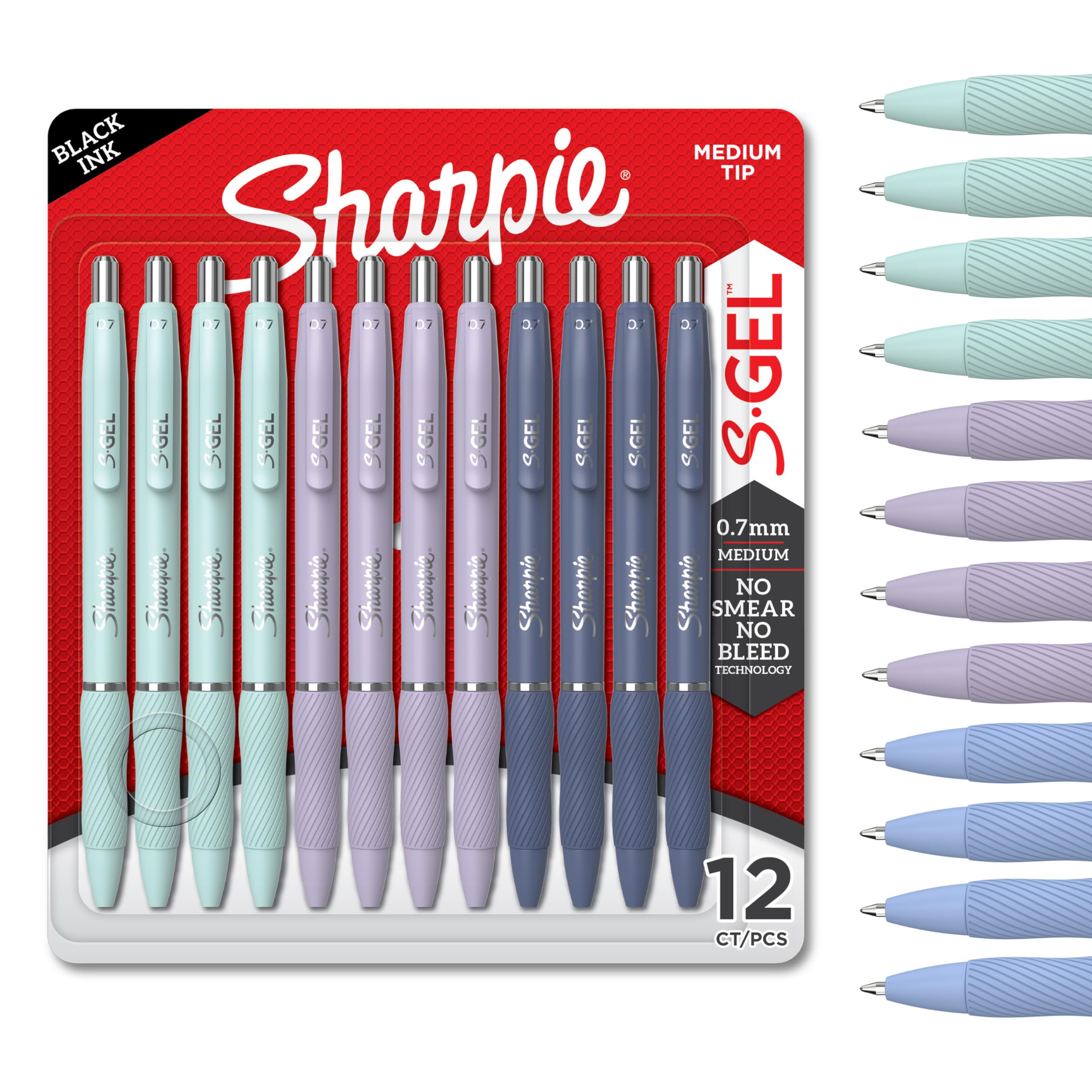Sharpie S-Gel | Gel Pens | Medium Point (0.7mm) | Assorted Colour Barrels | Black Ink | 12 Count