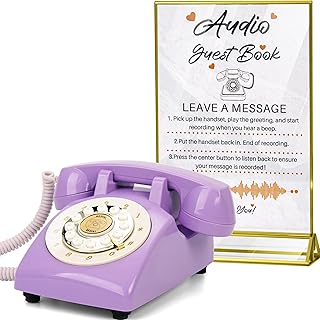 Audio Guest Book Wedding Phone,32GB Memory Record Customized Audio Messages, Volume Adjustable, with Replay Function, Suitable for All Kinds of Party (Purple+Sign)