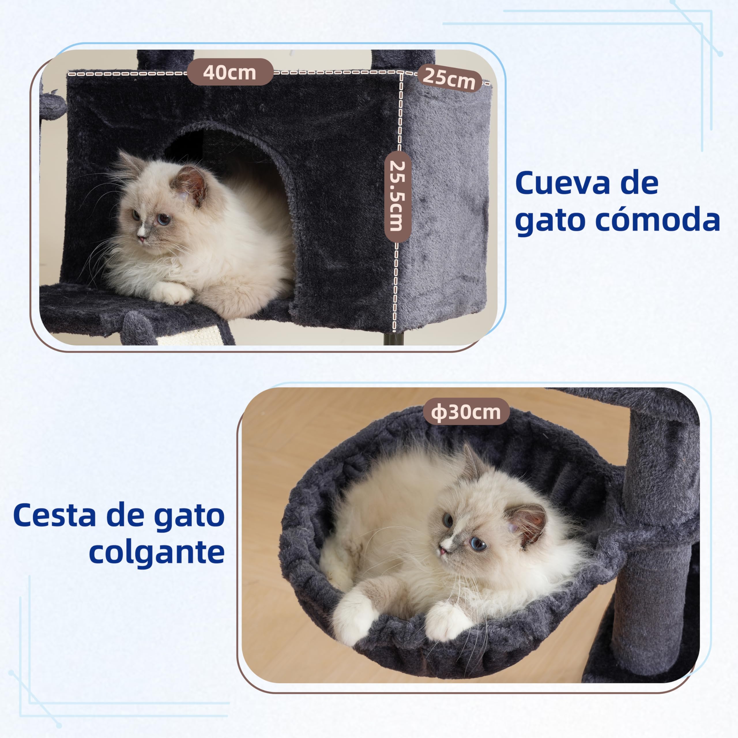Gitelsnour Rascador para Gatos de Interior, Árbol para Gatos para Gatitos, con Postes, Plataforma Superior Desmontable, Pompones, Cuevas, Cestas, Gris Ahumado GCT006SG — view 3